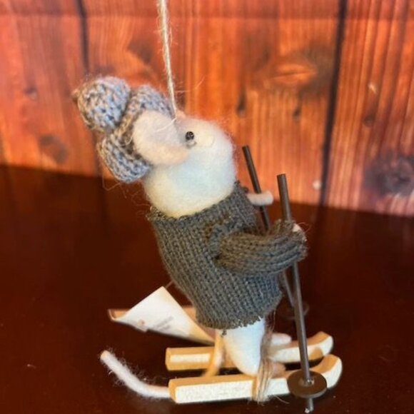 Felted Mouse Christmas Ornament On Skis With Knit Sweater & Hat By Silver Tree - Picture 6 of 7